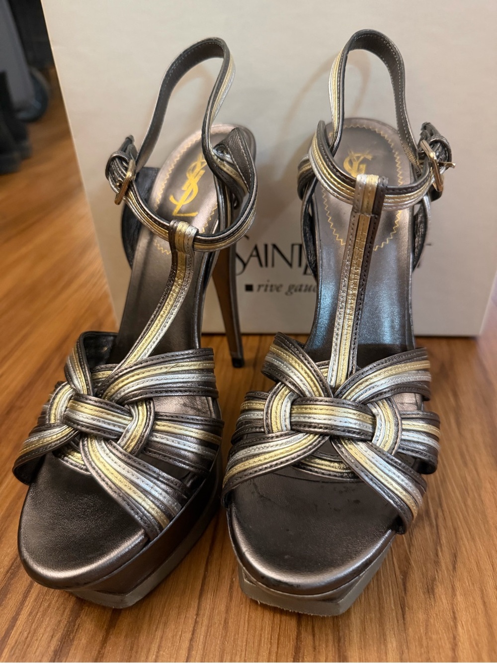 YSL Saint Laurent Tribute Metallic Silver and Gold Knotted Platform Heels 38 - Picture 2 of 10